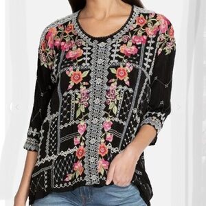 Johnny Was Carnation Black Tunic Blouse Pink Floral Embroidery - XXL
